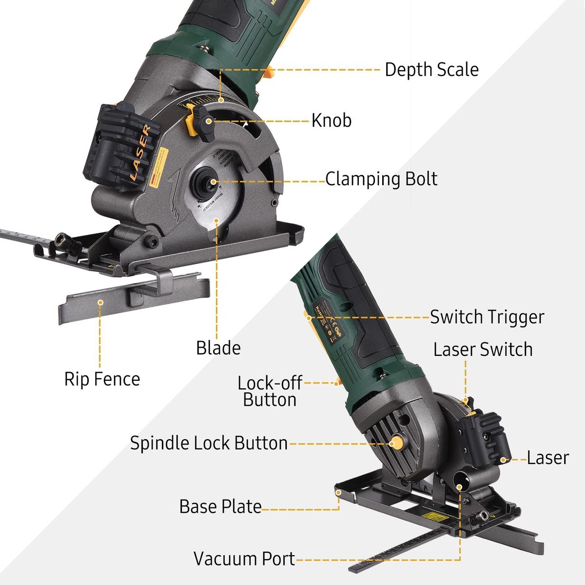 480W 3700RPM Mini Circular Saw Corded 4 Amp Electric Compact Circular Saw with Laser Guide Scale Ruler Vacuum Port 3 Blades for Cutting Wood Tile Plastic Soft Metal