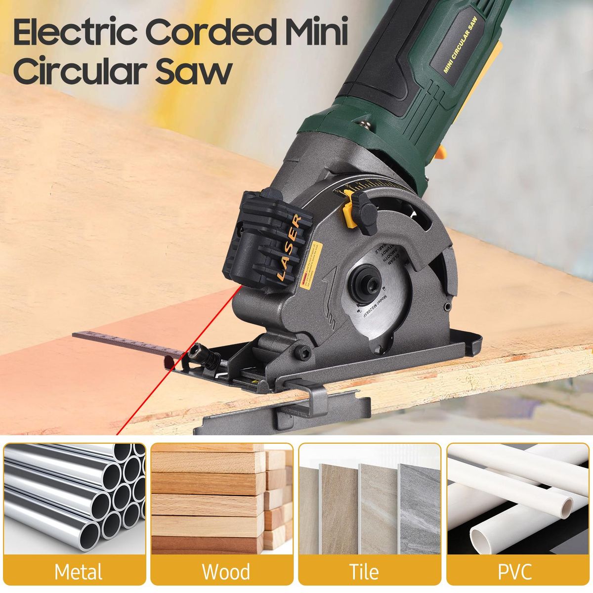 480W 3700RPM Mini Circular Saw Corded 4 Amp Electric Compact Circular Saw with Laser Guide Scale Ruler Vacuum Port 3 Blades for Cutting Wood Tile Plastic Soft Metal