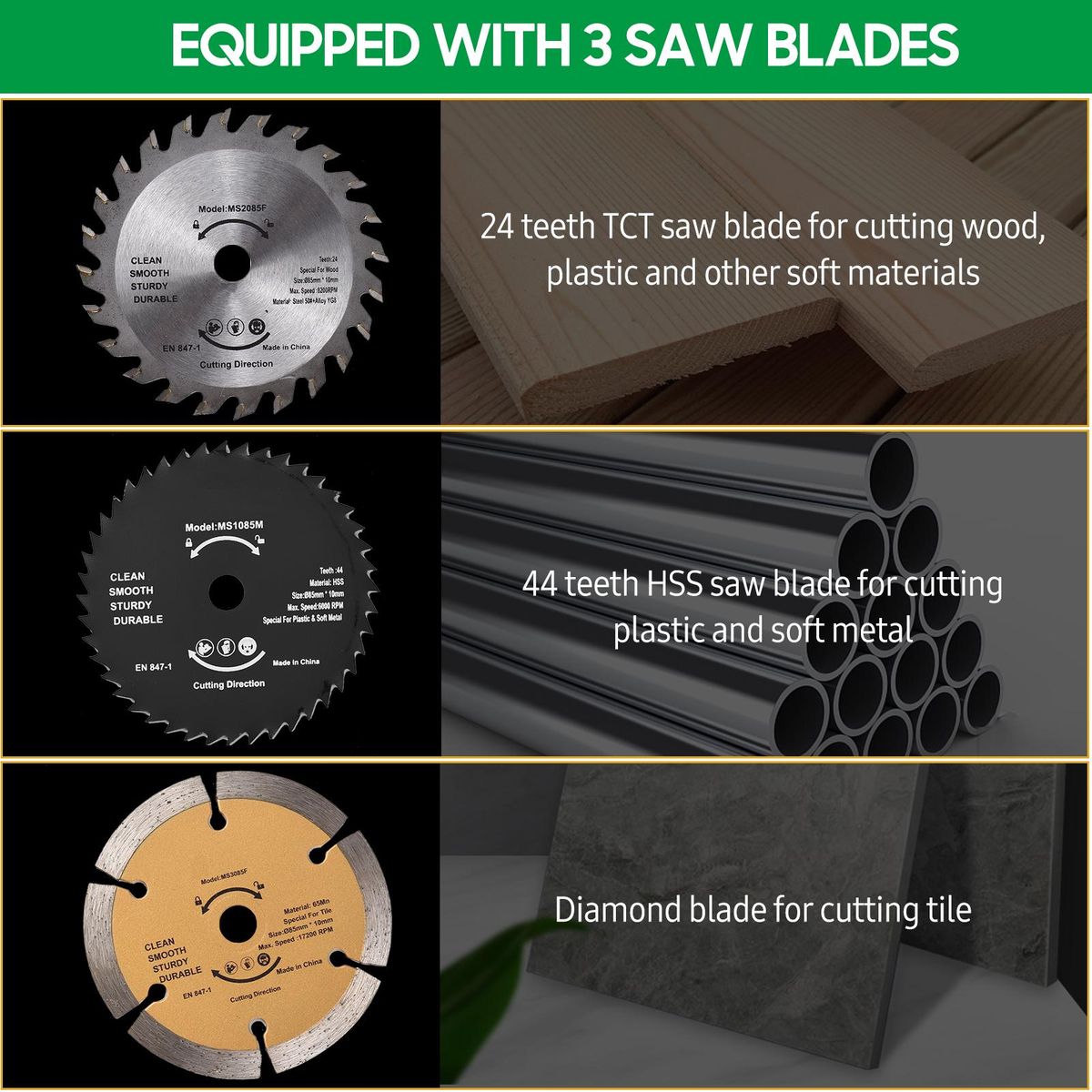 480W 3700RPM Mini Circular Saw Corded 4 Amp Electric Compact Circular Saw with Laser Guide Scale Ruler Vacuum Port 3 Blades for Cutting Wood Tile Plastic Soft Metal
