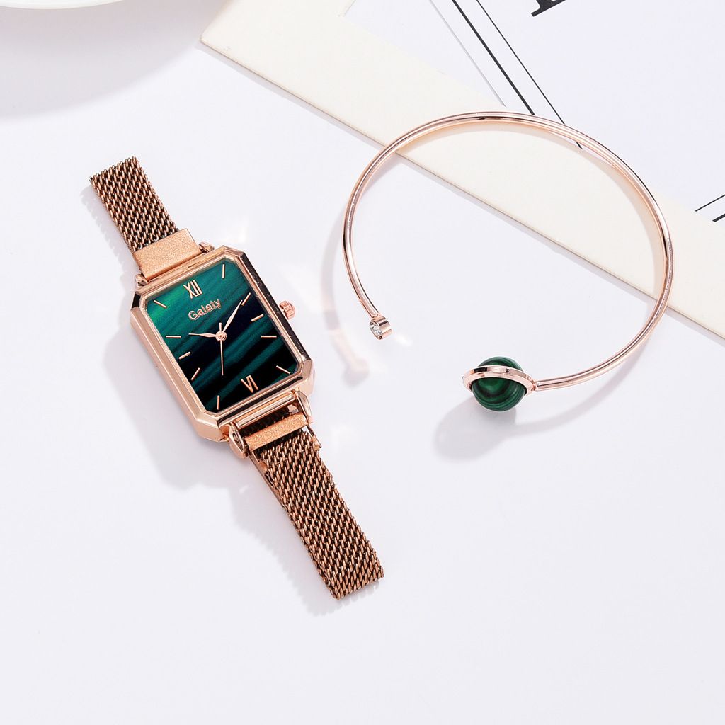 Women Fashion Green Dial Quartz Watch Bracelet Set