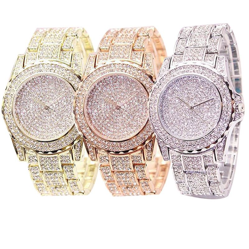 Women Luxury Full Shiny Rhinestone Round Quartz-Silver