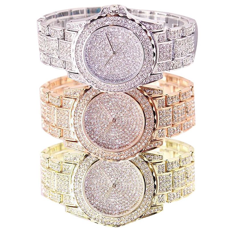 Women Luxury Full Shiny Rhinestone Round Quartz-Silver