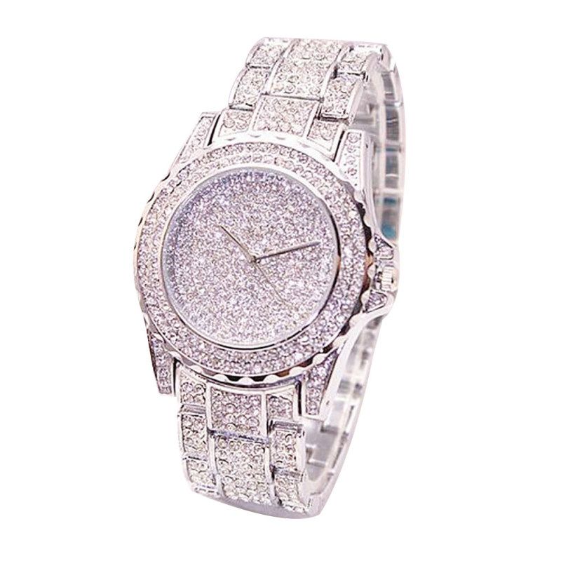 Women Luxury Full Shiny Rhinestone Round Quartz-Silver