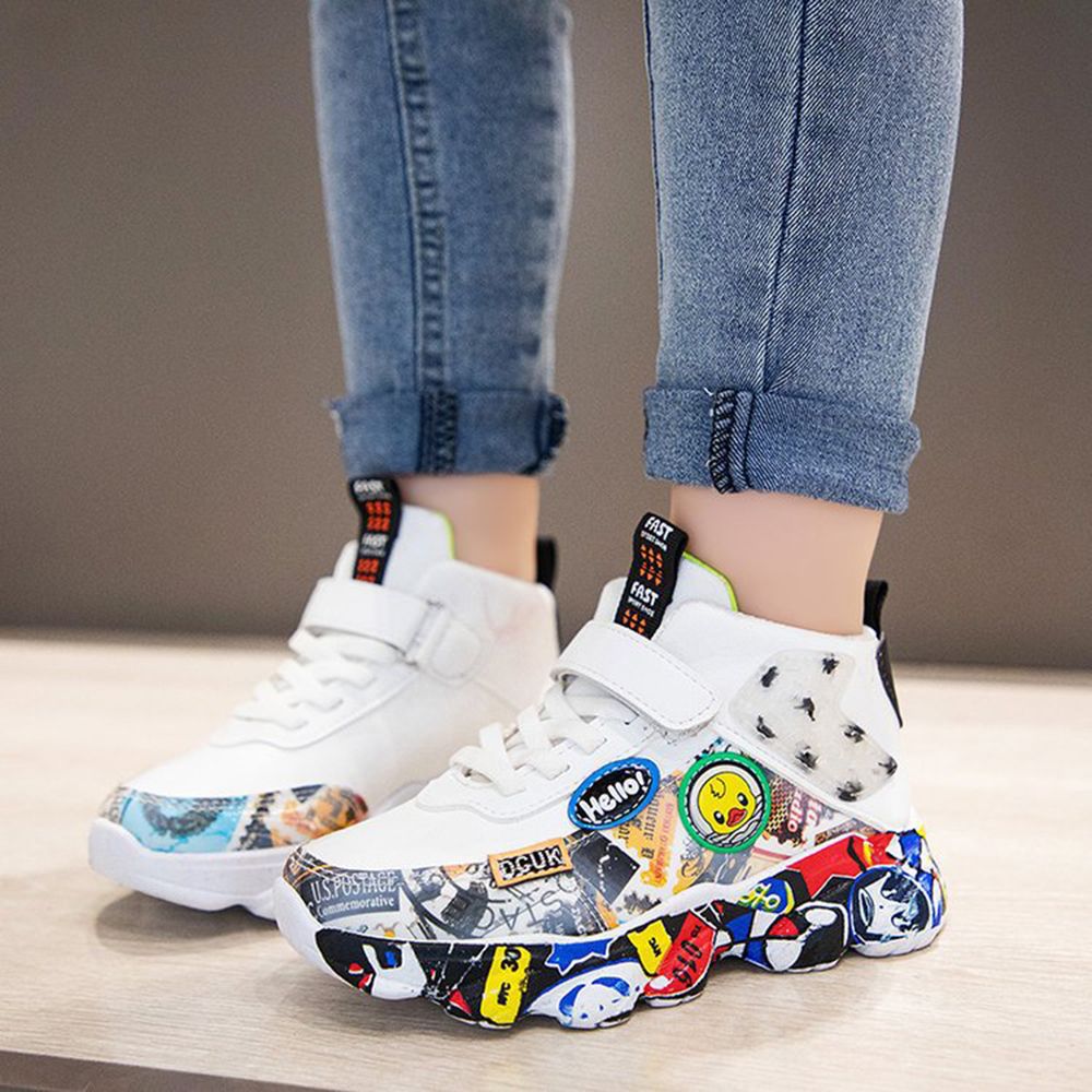 Children's Sports Leather Shoes Boys And Girls Flat Running Shoes White