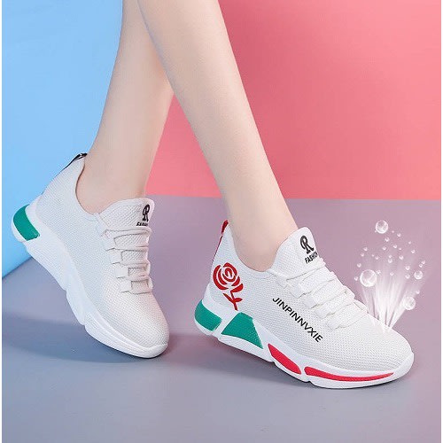 Casual Ladies' Sneakers With Flowers -white
