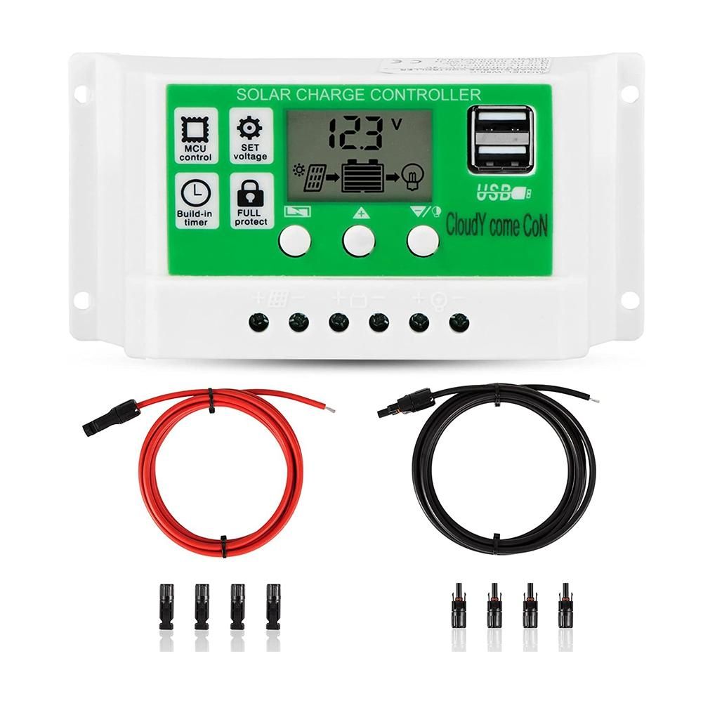 30Amp Solar Charge Controller Kit, 12V/24V Solar Panel Charge Controller with LCD Display Dual USB Solar Extension Cable