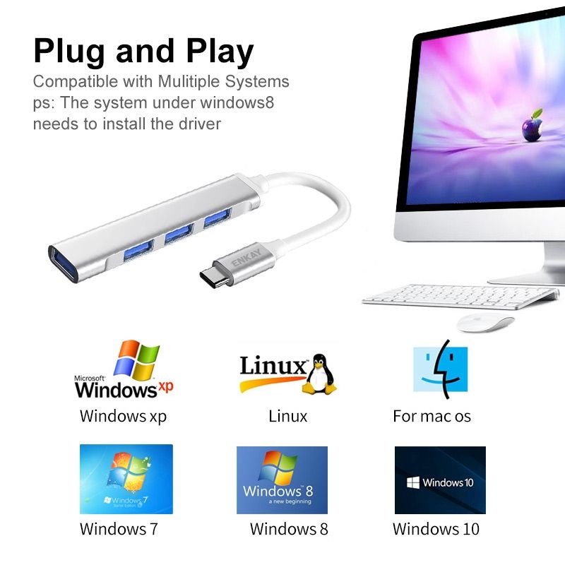 ENKAY Hat-Prince ENK-AT114 4 Ports USB 3.0 Splitter Multi-Ports Expansion HUB Extender Connector Adapter, Interface:Type-C