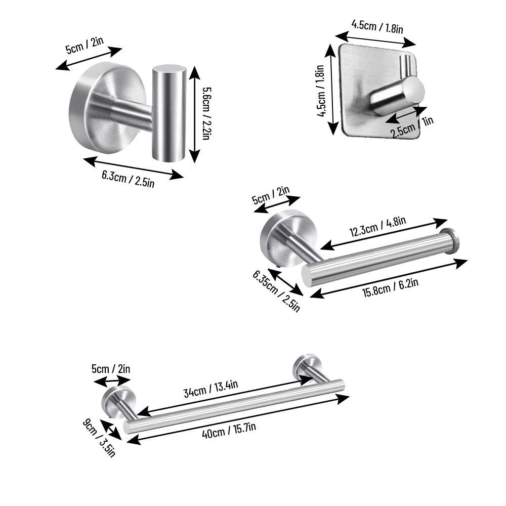 5 Pieces Bathroom Hardware Accessories Set Towel Bar Robe Hooks Toilet Paper Holder 304 Stainless Steel Wall Mounted Bath Towel Rack Holder Silvery