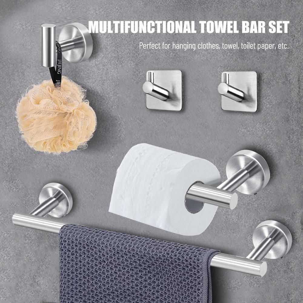 5 Pieces Bathroom Hardware Accessories Set Towel Bar Robe Hooks Toilet Paper Holder 304 Stainless Steel Wall Mounted Bath Towel Rack Holder Silvery