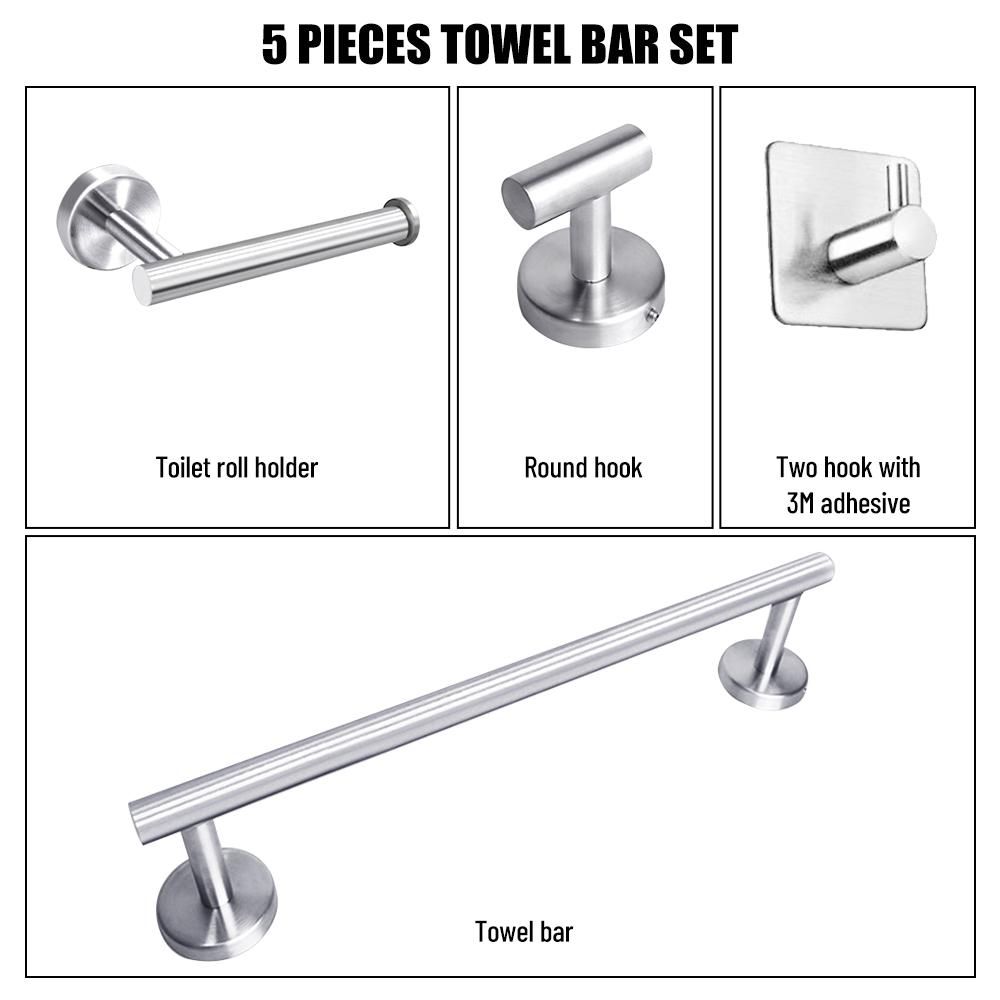 5 Pieces Bathroom Hardware Accessories Set Towel Bar Robe Hooks Toilet Paper Holder 304 Stainless Steel Wall Mounted Bath Towel Rack Holder Silvery