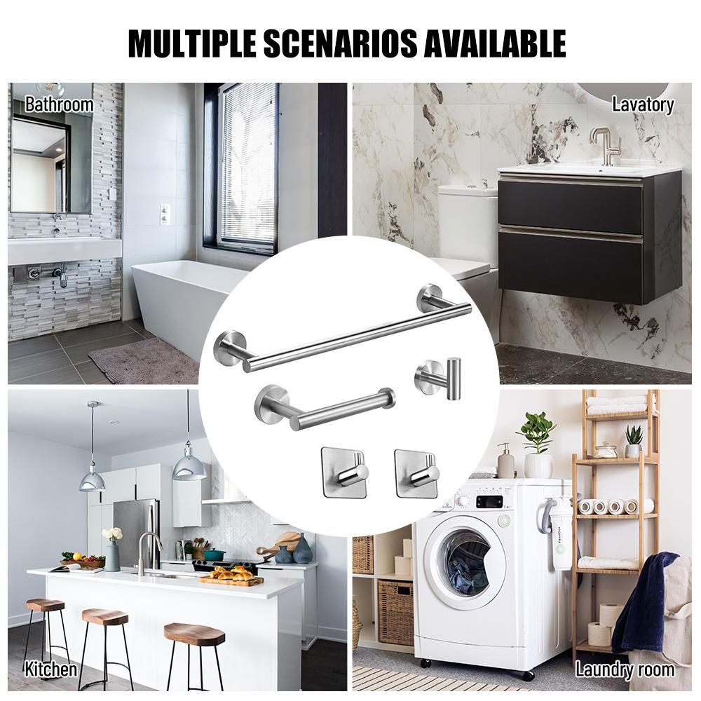 5 Pieces Bathroom Hardware Accessories Set Towel Bar Robe Hooks Toilet Paper Holder 304 Stainless Steel Wall Mounted Bath Towel Rack Holder Silvery