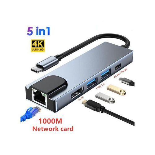5 In 1 USB Type C Hub HDMI Rj45 Lan Adapter For Macbook Pro Thunderbolt 3, USB C To Gigabit Ethernet Adapter USB-C Charger Port BDZ