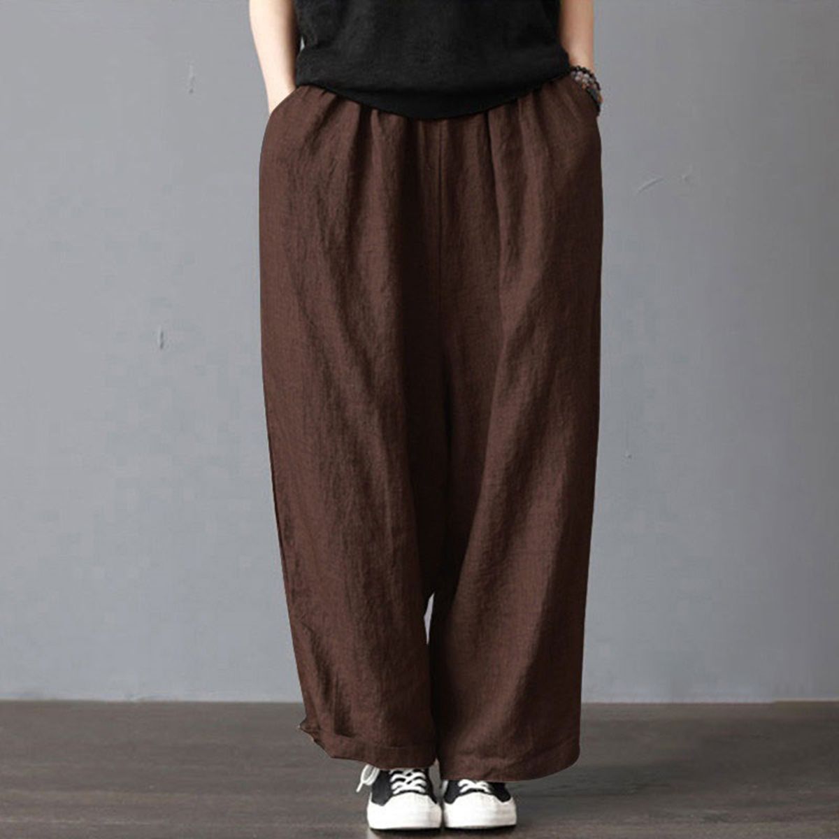 Women Cotton Linen Wide Leg Pants Elastic Waist Pockets Comfy Solid Loose Casual Trousers-coffee