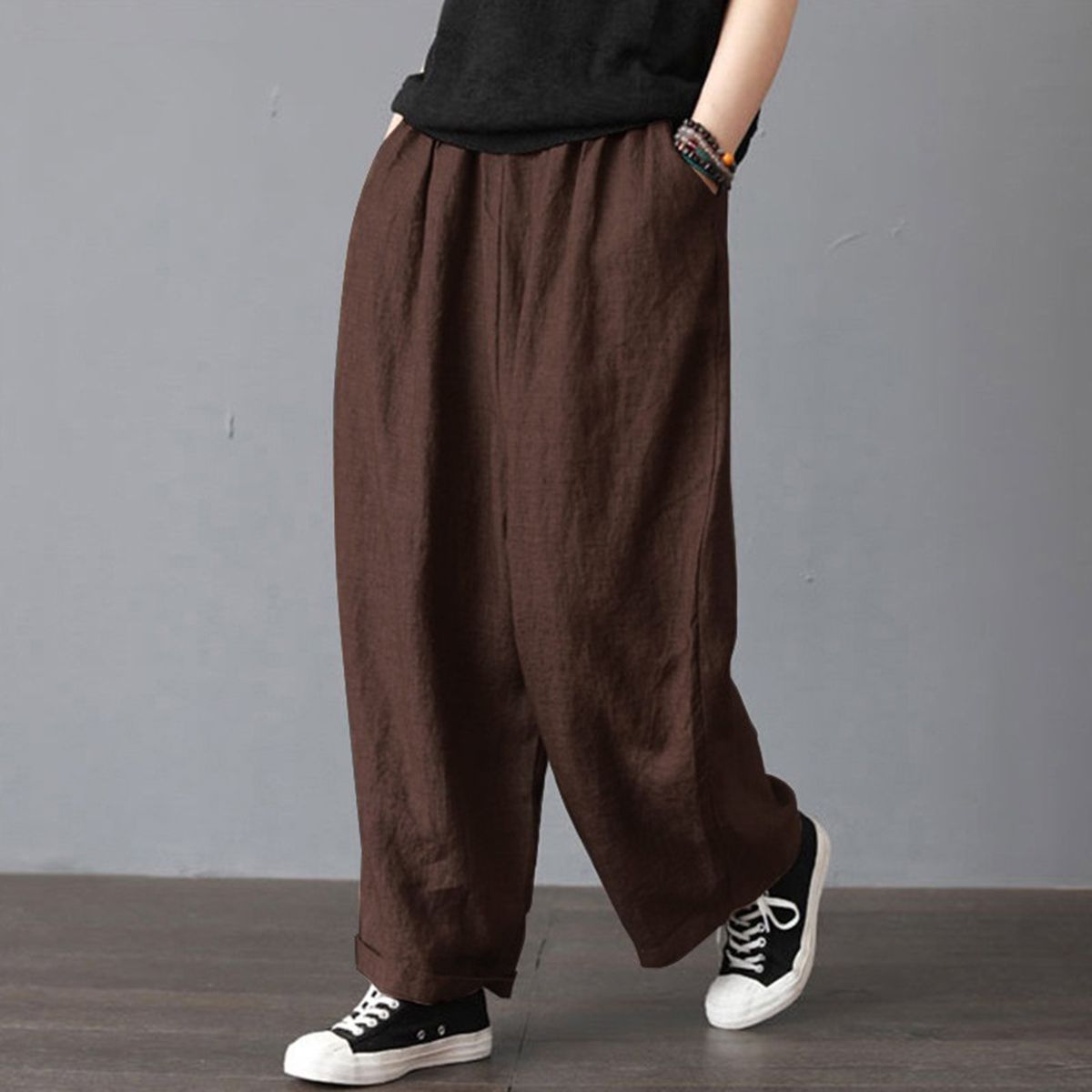 Women Cotton Linen Wide Leg Pants Elastic Waist Pockets Comfy Solid Loose Casual Trousers-coffee