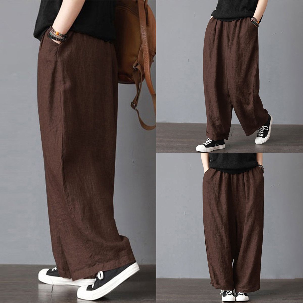 Women Cotton Linen Wide Leg Pants Elastic Waist Pockets Comfy Solid Loose Casual Trousers-coffee