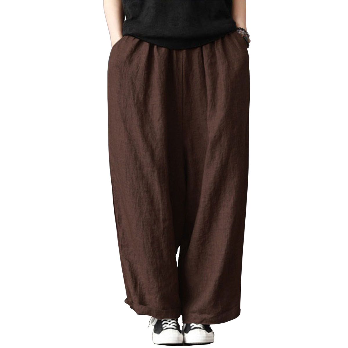 Women Cotton Linen Wide Leg Pants Elastic Waist Pockets Comfy Solid Loose Casual Trousers-coffee