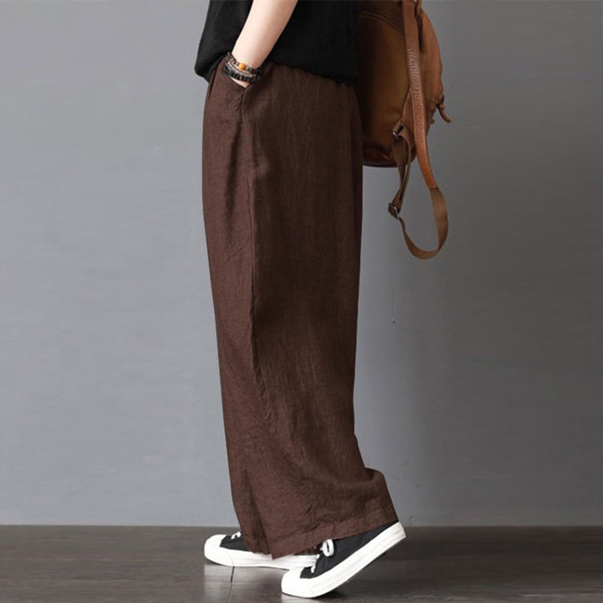 Women Cotton Linen Wide Leg Pants Elastic Waist Pockets Comfy Solid Loose Casual Trousers-coffee