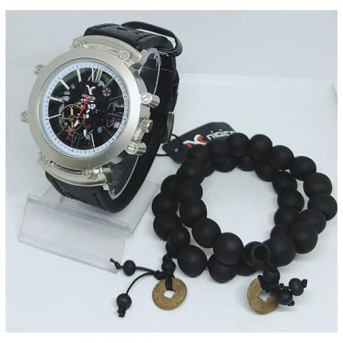 Men Black Leather Wristwatch + Bracelets