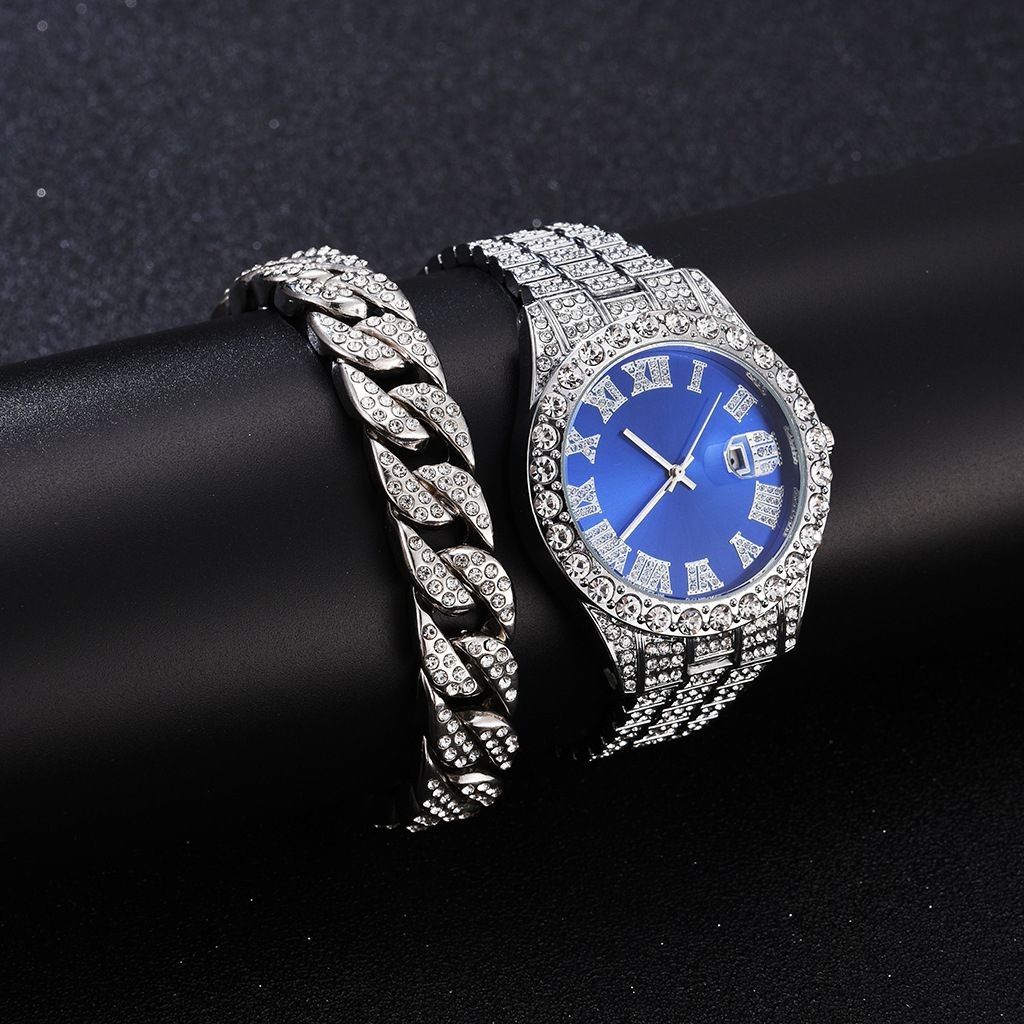 2 In 1 Men's Watch With Bracelet Cuban Chain Set - Silver