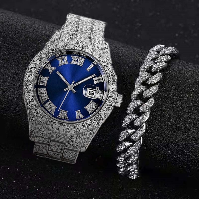 2 In 1 Men's Watch With Bracelet Cuban Chain Set - Silver