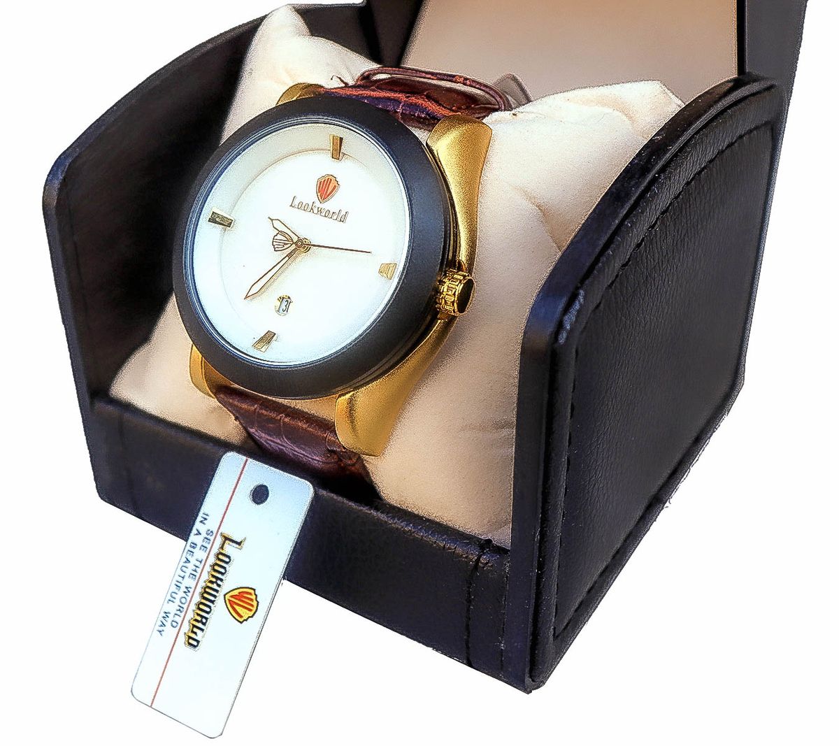 Men Sleek Timepiece Brown Leather Analogue Watch Working Calendar- World