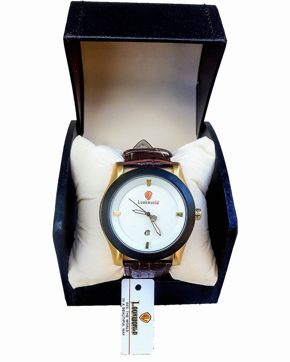 Men Sleek Timepiece Brown Leather Analogue Watch Working Calendar- World