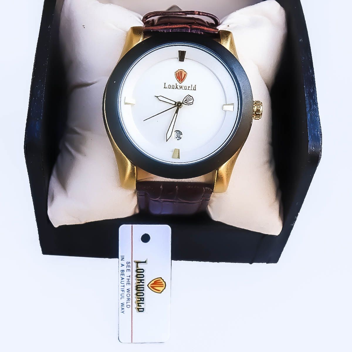Men Sleek Timepiece Brown Leather Analogue Watch Working Calendar- World