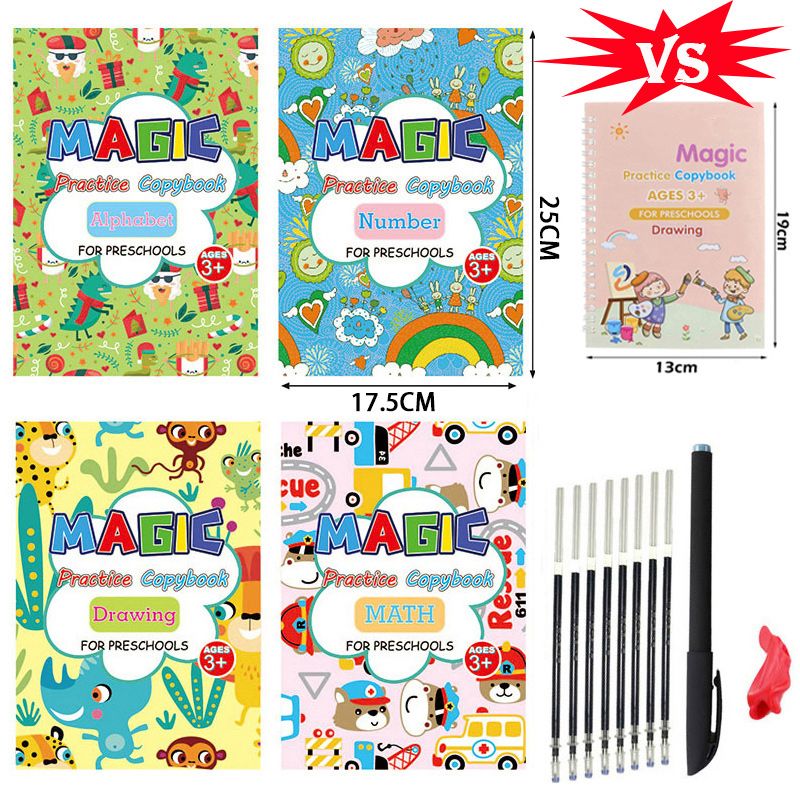 Children's Magic Book 4 Volumes/sets Of Reusable 3D Magic Practice Notebooks Large Size Calligraphy Copybook English Numbers English E 17.5x25CM