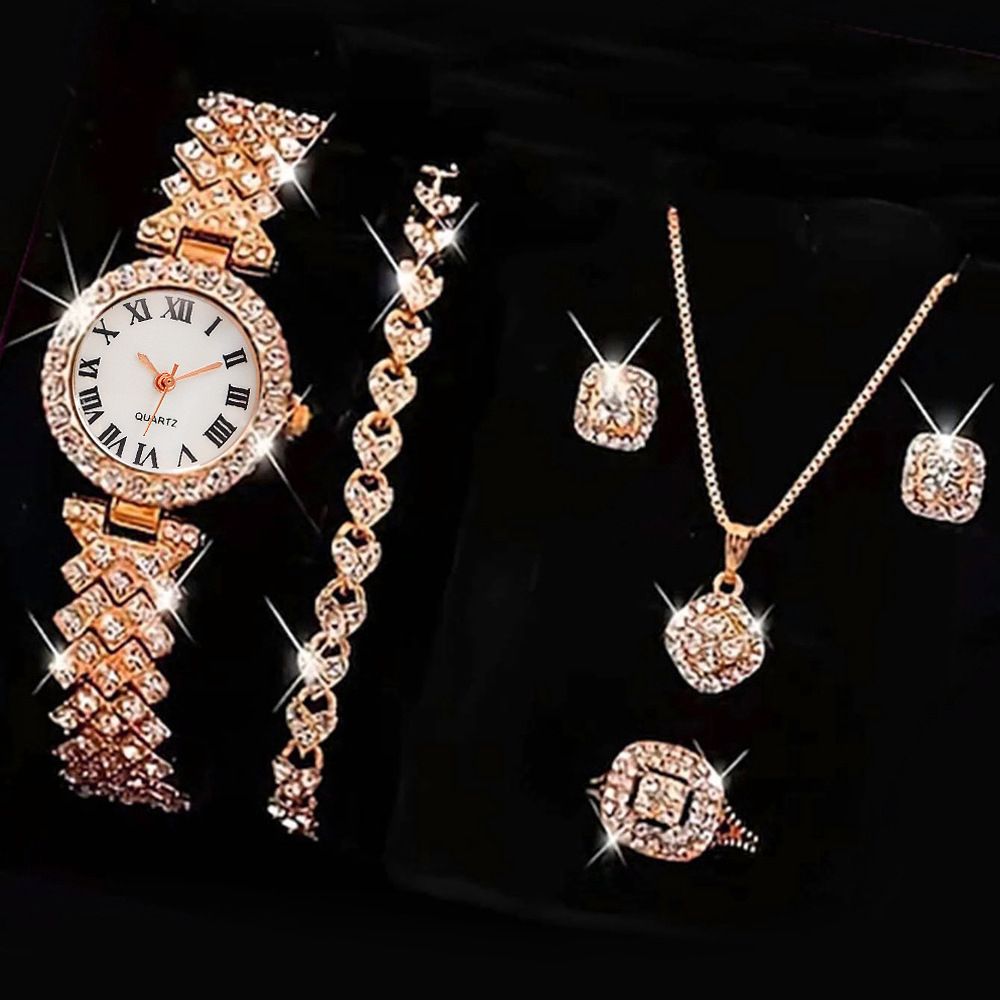 Luxury Iced Stone Wristwatch + Jewelry Set- Gold