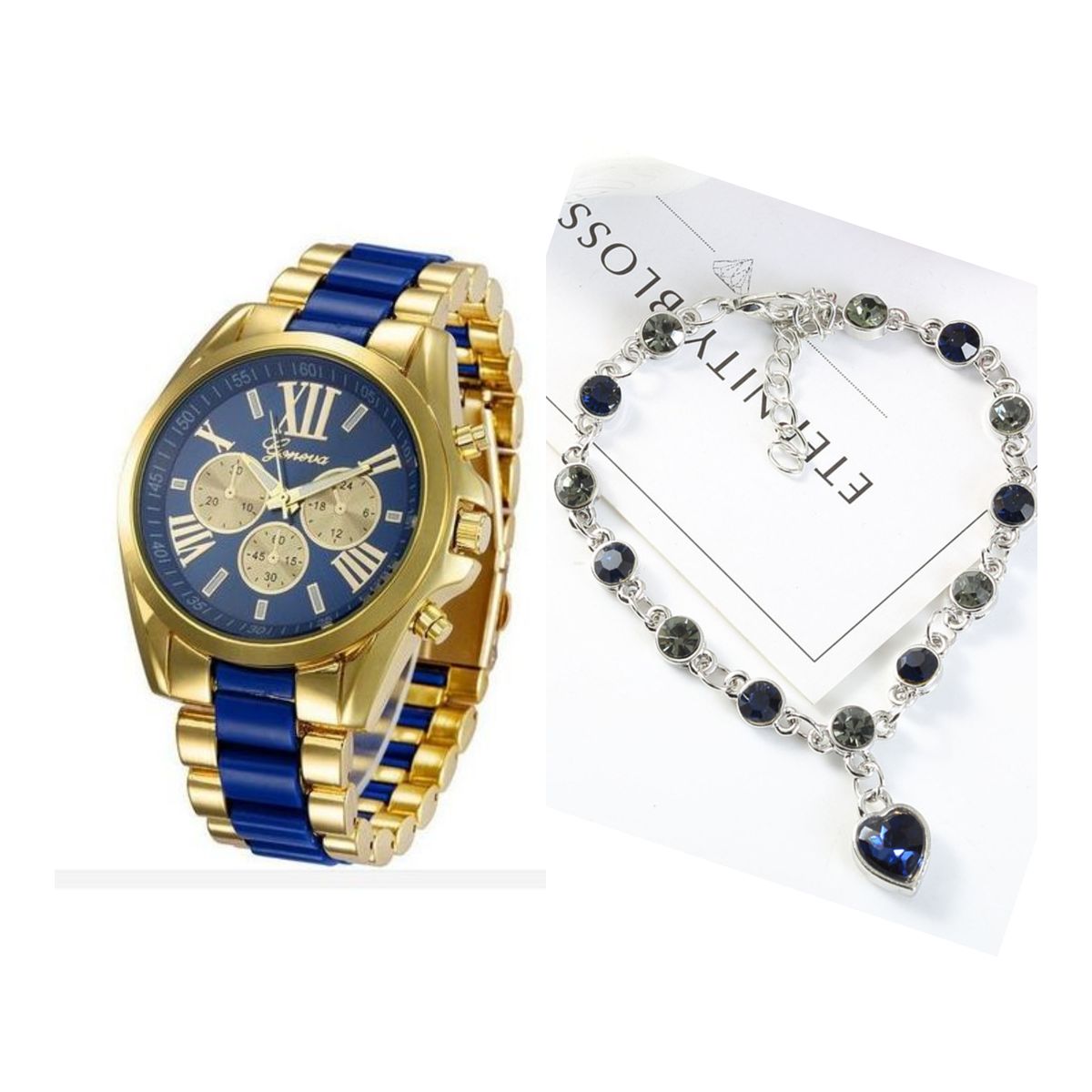 2 In 1 Full Steel Women Wrist Watch With Bracelet-Gold/Blue