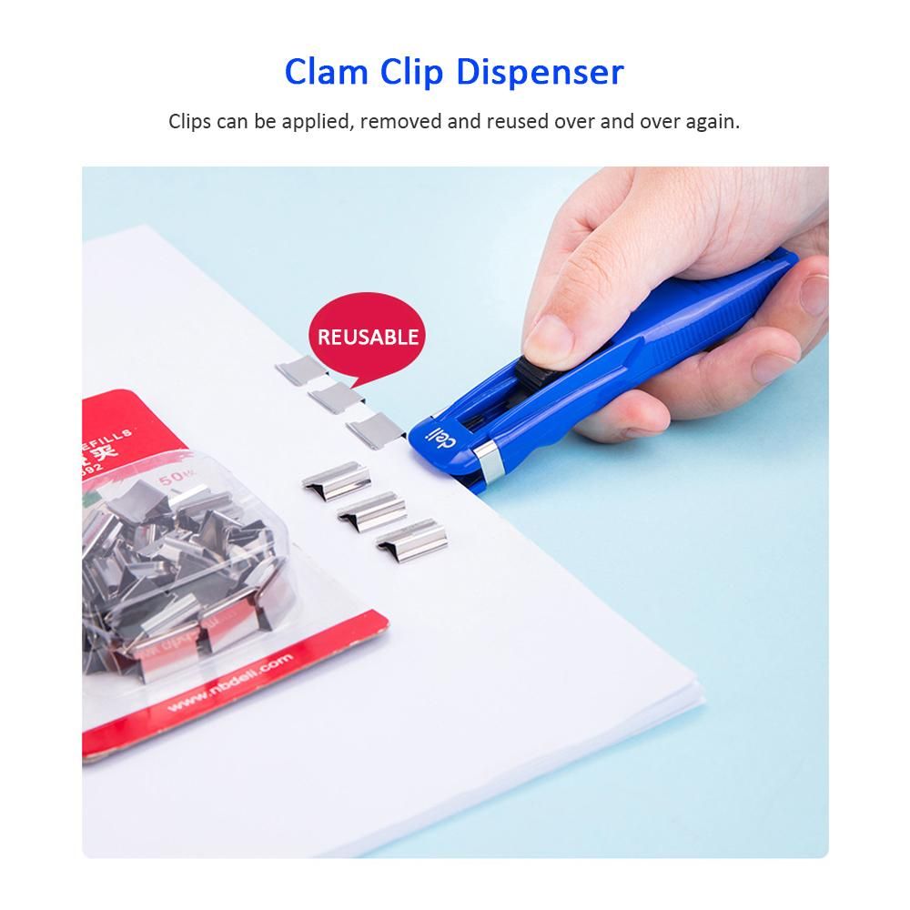 Deli Paper Clip Dispenser Handheld Fast Clam Clip Dispensers with 8 Refill Clips Kit Stationery Supplementary for School Office