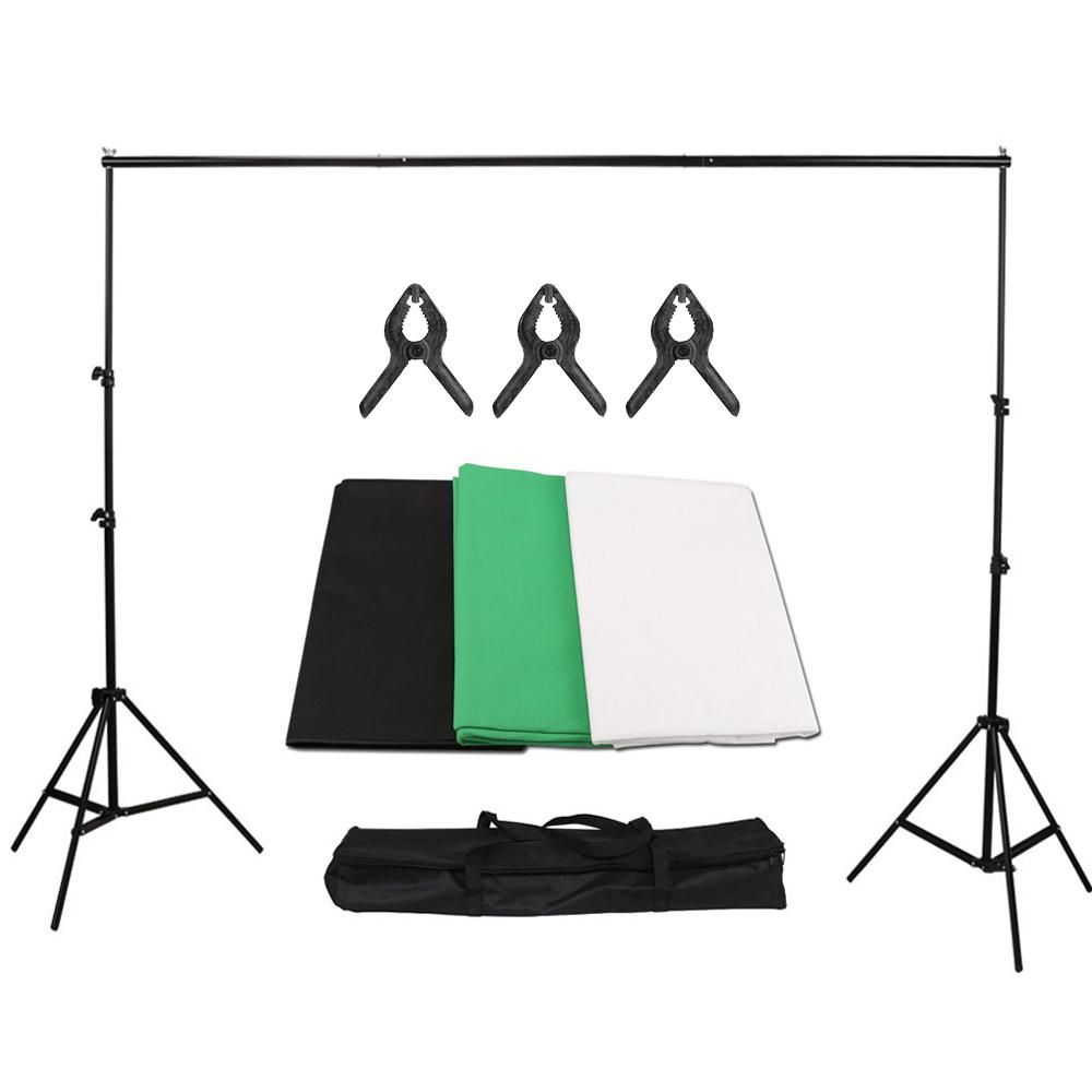 Studio Photography Backdrop Kit with 2 * 3m/6.6 * 10ft Metal Stand Bracket + 3pcs 1.6 * 3m/5.2 * 10ft Backdrops Backdround(Black/White/Green) + 3pcs Backdrop Clamps +   Carry Bag