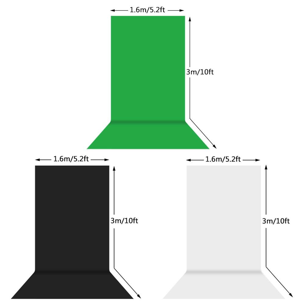 Studio Photography Backdrop Kit with 2 * 3m/6.6 * 10ft Metal Stand Bracket + 3pcs 1.6 * 3m/5.2 * 10ft Backdrops Backdround(Black/White/Green) + 3pcs Backdrop Clamps +   Carry Bag