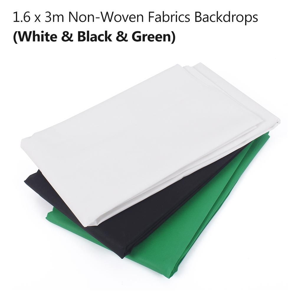 Studio Photography Backdrop Kit with 2 * 3m/6.6 * 10ft Metal Stand Bracket + 3pcs 1.6 * 3m/5.2 * 10ft Backdrops Backdround(Black/White/Green) + 3pcs Backdrop Clamps +   Carry Bag