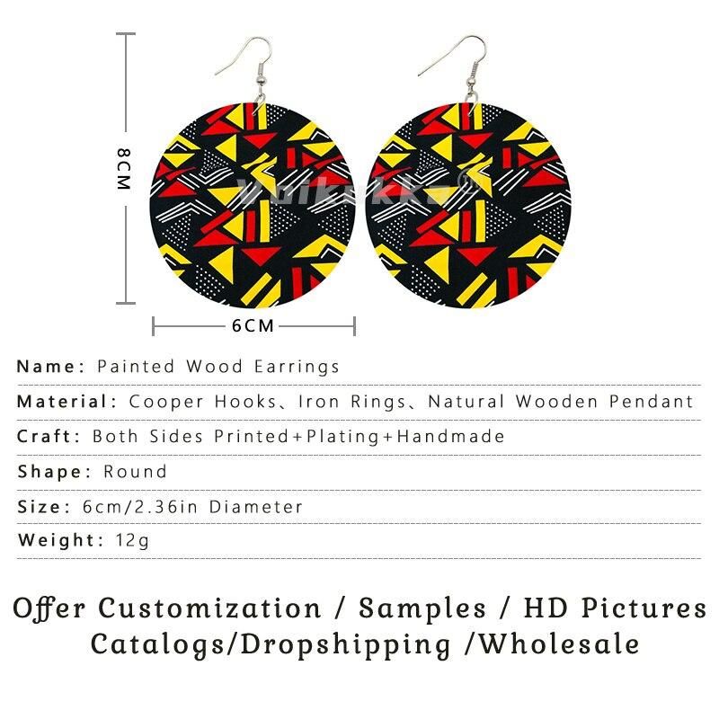Voikukka Jewelry African Ethnic Fabric Pattern Leaf Wood Double Sides Print Round Drop Dangle Women Earrings Accessories