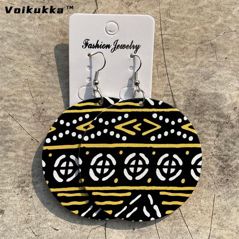 Voikukka Jewelry African Ethnic Fabric Pattern Leaf Wood Double Sides Print Round Drop Dangle Women Earrings Accessories
