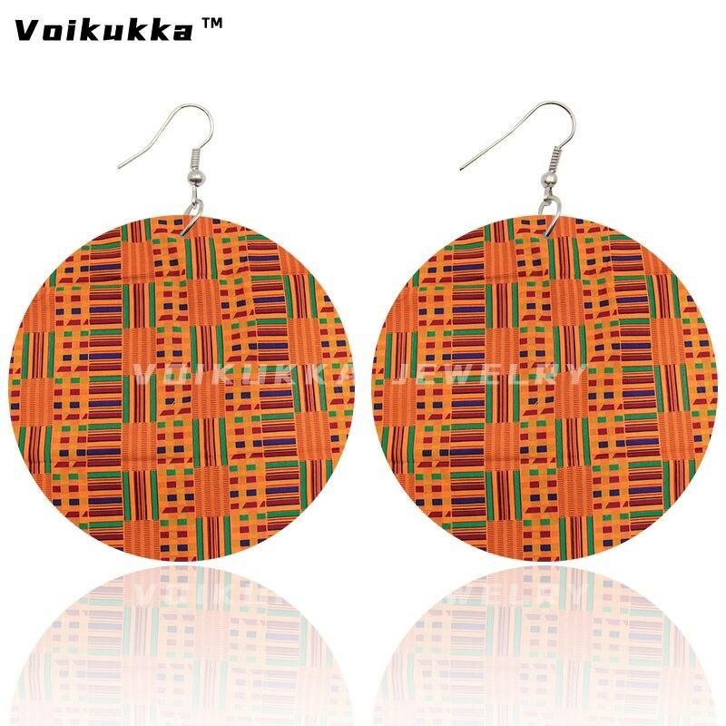 Voikukka Jewelry African Ethnic Fabric Pattern Leaf Wood Double Sides Print Round Drop Dangle Women Earrings Accessories