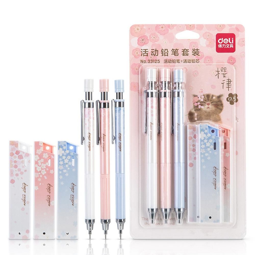 Deli Mechanical Pencil Set Automatic Drafting Pencil Includes 3 Pencils/3 Pack 0.5mm Lead Refills Drawing Pencil Refillable for Drafting/Sketching/Illustrations/Architecture 3-Count