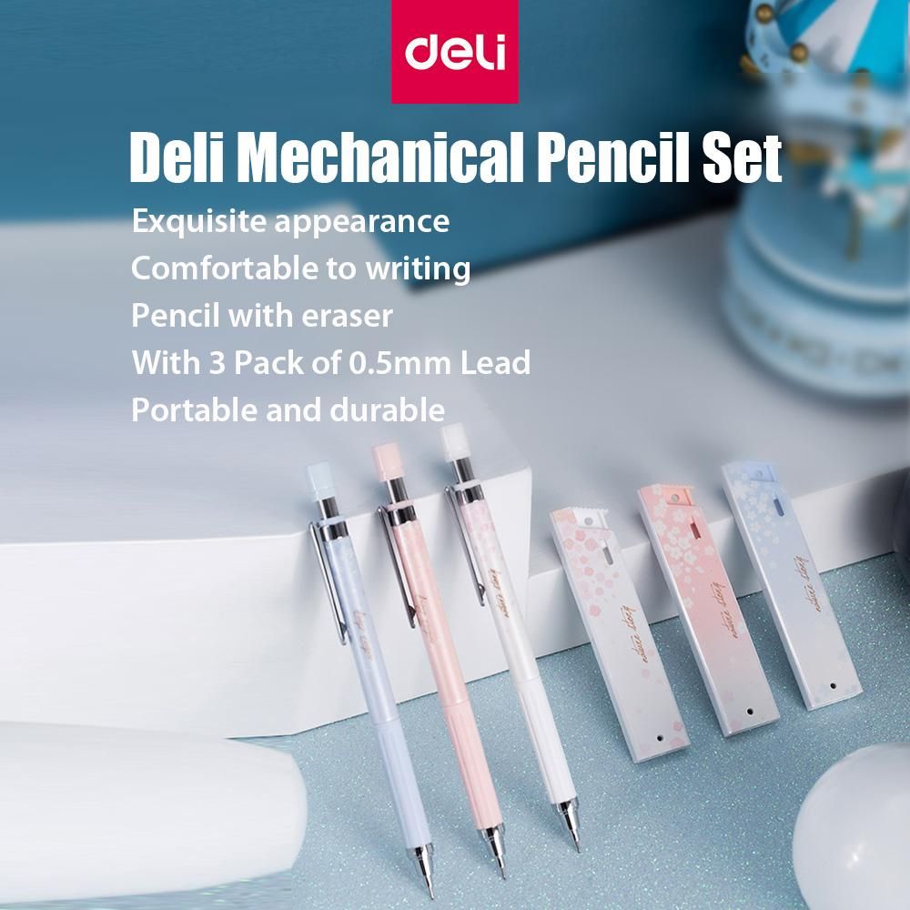 Deli Mechanical Pencil Set Automatic Drafting Pencil Includes 3 Pencils/3 Pack 0.5mm Lead Refills Drawing Pencil Refillable for Drafting/Sketching/Illustrations/Architecture 3-Count