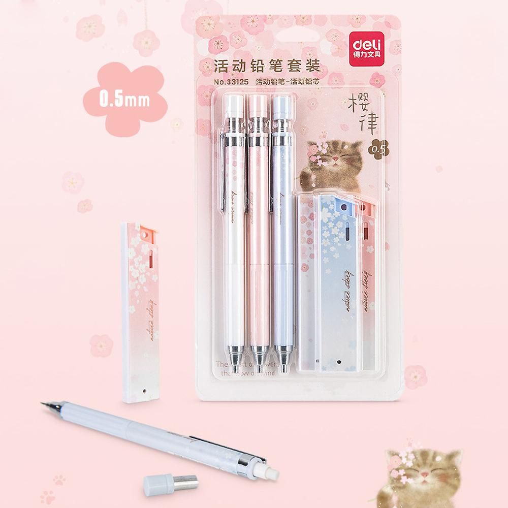 Deli Mechanical Pencil Set Automatic Drafting Pencil Includes 3 Pencils/3 Pack 0.5mm Lead Refills Drawing Pencil Refillable for Drafting/Sketching/Illustrations/Architecture 3-Count