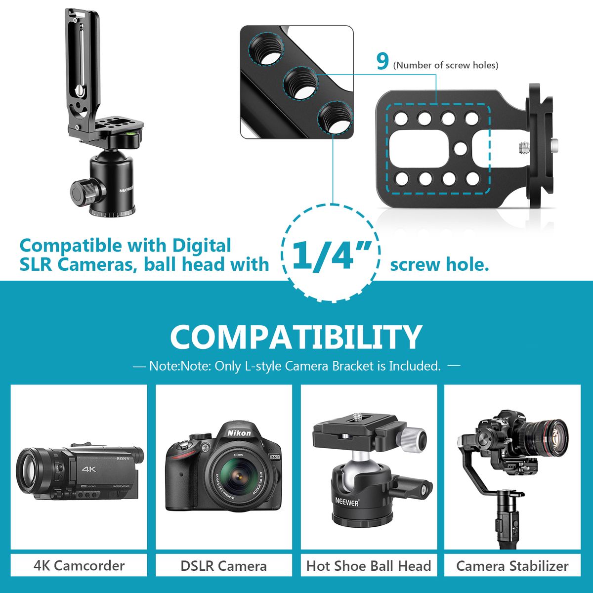 L Shape Bracket Vertical QR Plate Universal DSLR Camera L Bracket With 1/4 Inch Screw Arca Swiss Compatible With Osmo Ronin Zhiyun Nikon Canon Sony DSLR Camera