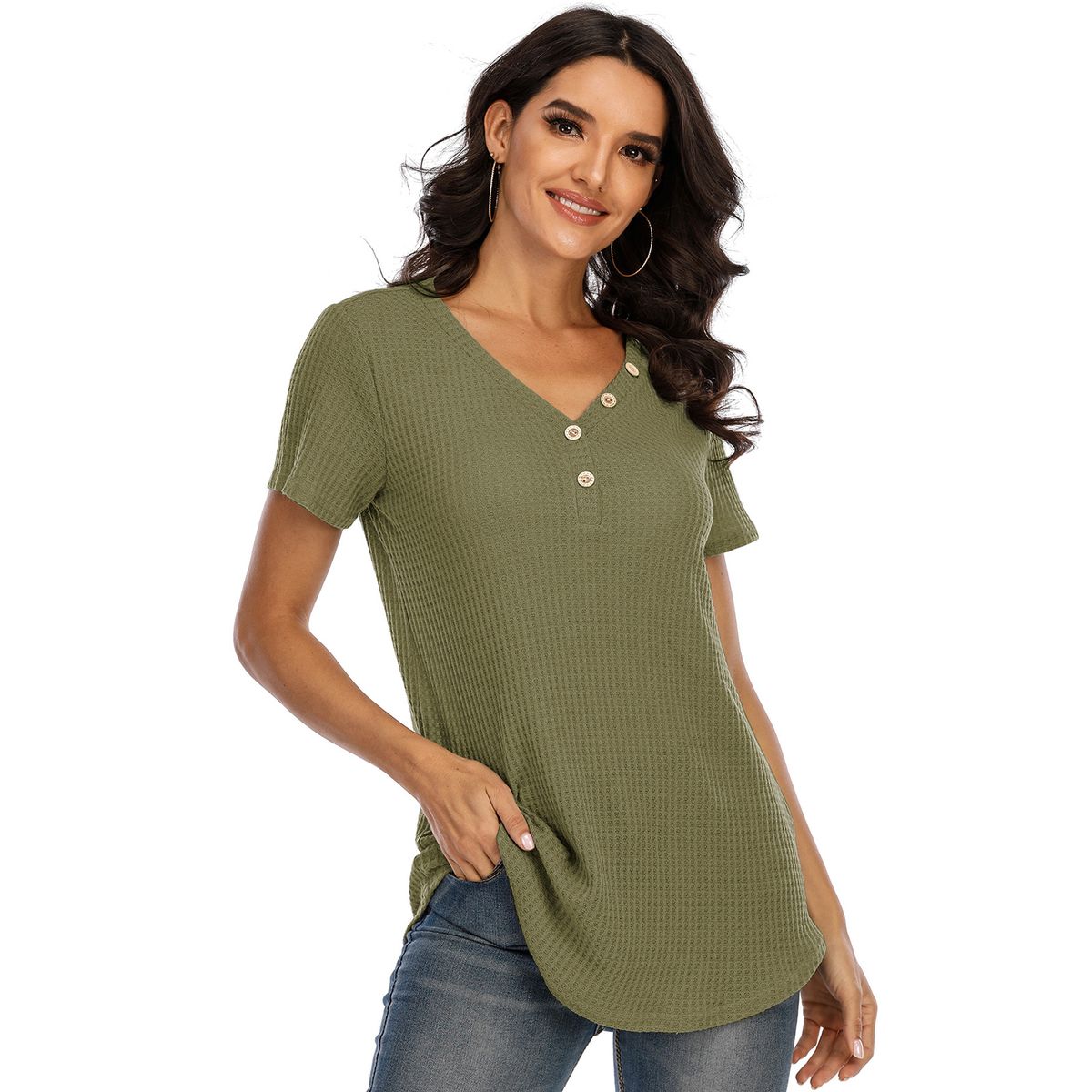 Women T Shirt Waffle Tops With Buttons Solid V-Neck Short