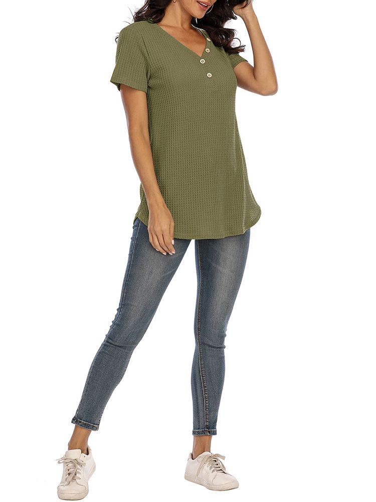 Women T Shirt Waffle Tops With Buttons Solid V-Neck Short