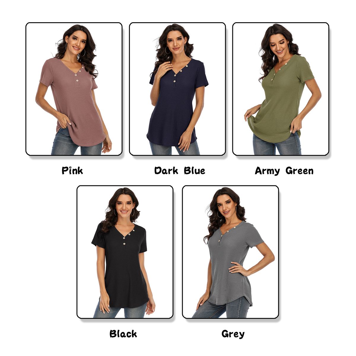 Women T Shirt Waffle Tops With Buttons Solid V-Neck Short