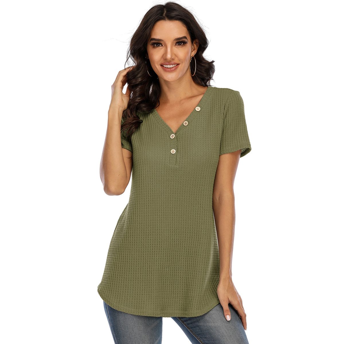 Women T Shirt Waffle Tops With Buttons Solid V-Neck Short