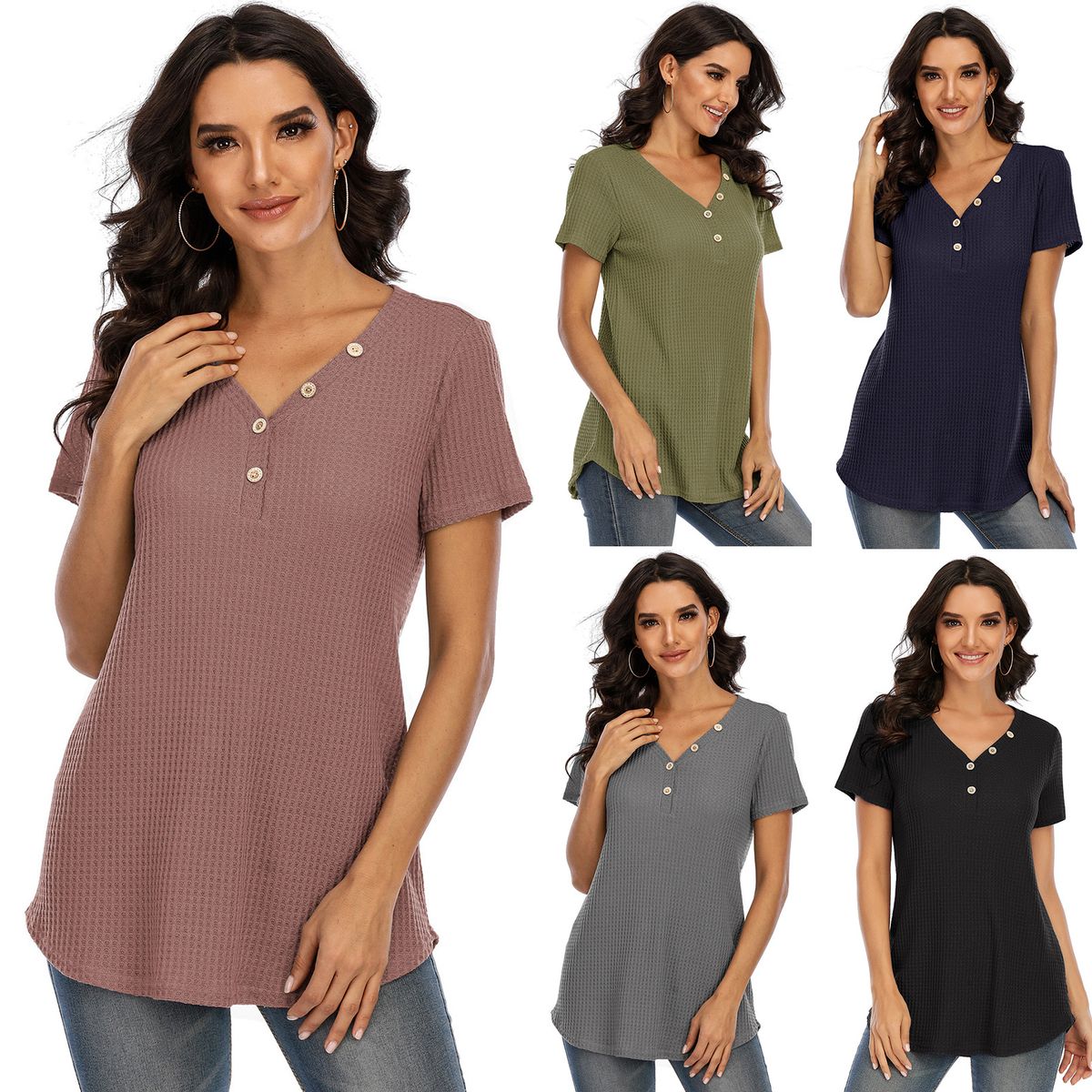 Women T Shirt Waffle Tops With Buttons Solid V-Neck Short