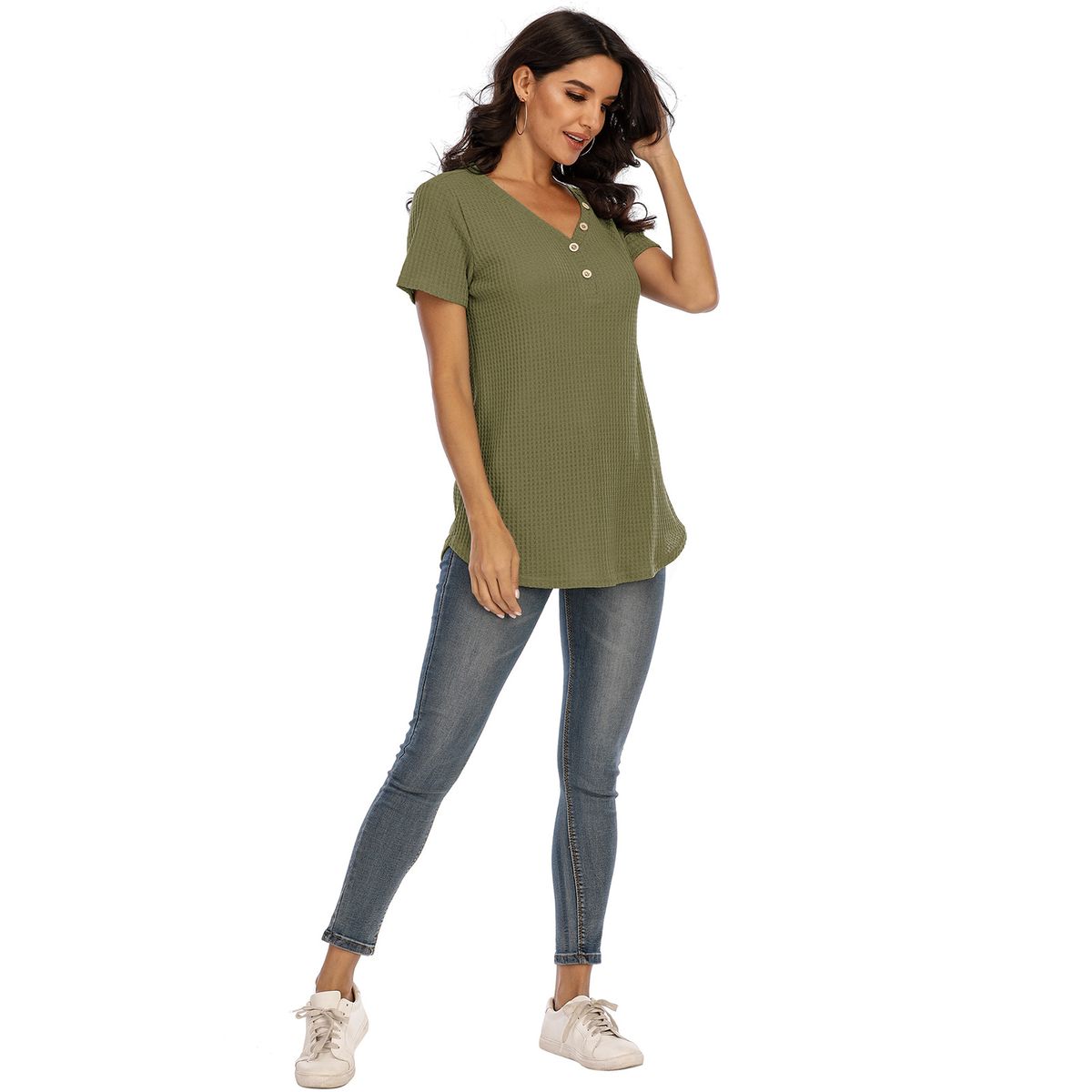 Women T Shirt Waffle Tops With Buttons Solid V-Neck Short