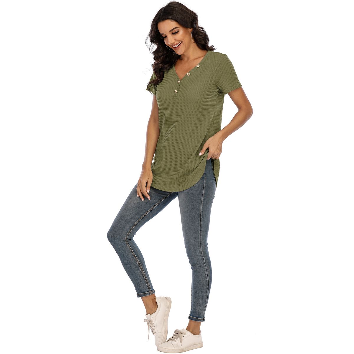 Women T Shirt Waffle Tops With Buttons Solid V-Neck Short