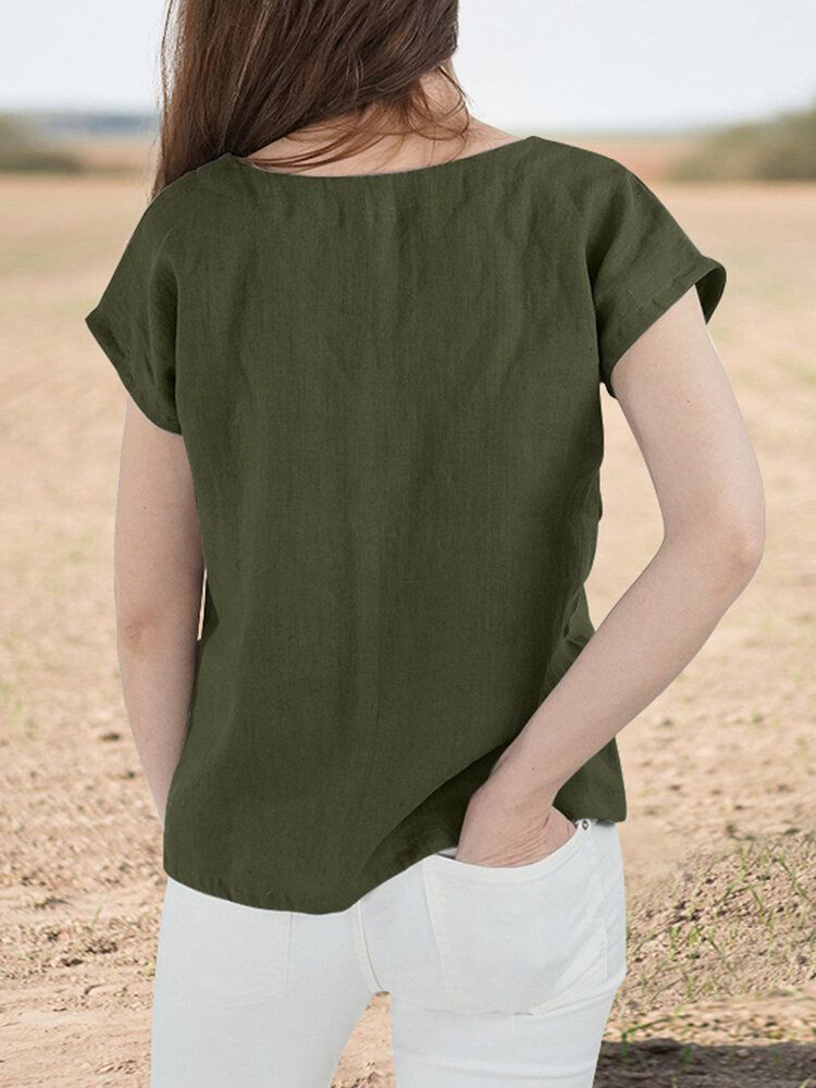 Cotton V Neck Short Sleeve Casual Blouse-Navy
