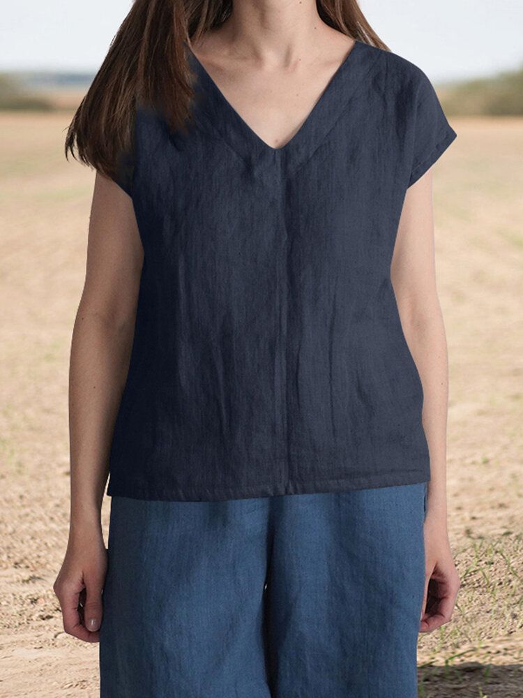 Cotton V Neck Short Sleeve Casual Blouse-Navy